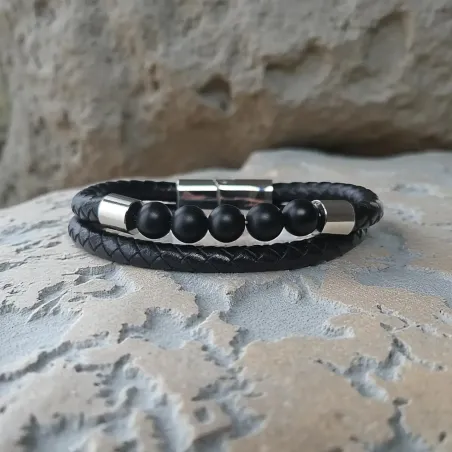 Bracelet Cuir et Onyx – Élégance Ancrée & Protection
