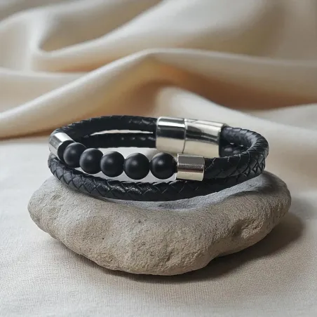 Bracelet Cuir et Onyx – Élégance Ancrée & Protection