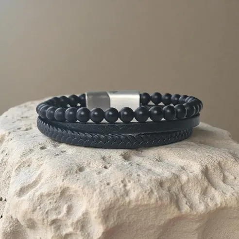 Bracelet Homme Cuir et Onyx – Élégance & Ancrage