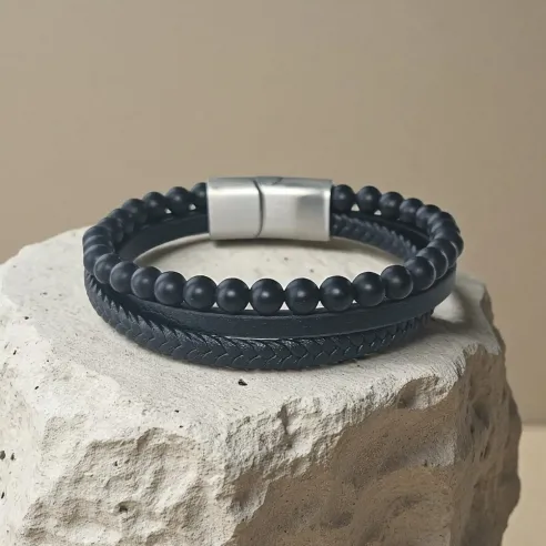Bracelet Homme Cuir et Onyx – Élégance & Ancrage