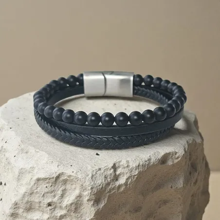 Bracelet Homme Cuir et Onyx – Élégance & Ancrage