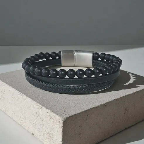 Bracelet Homme Cuir et Onyx – Élégance & Ancrage