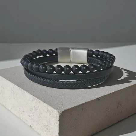Bracelet Homme Cuir et Onyx – Élégance & Ancrage