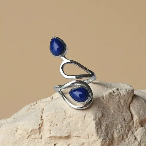 Bague Lapis Lazuli avec Deux Gouttes réglable sur argent