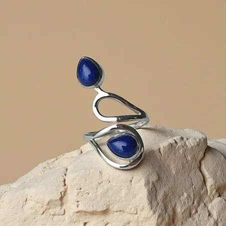 Bague Lapis Lazuli avec Deux Gouttes réglable sur argent