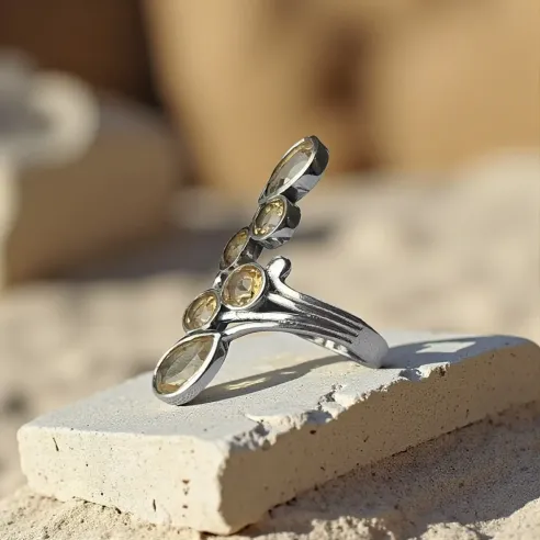 Bague Citrine – Argent réglable, 6 pierres solaires