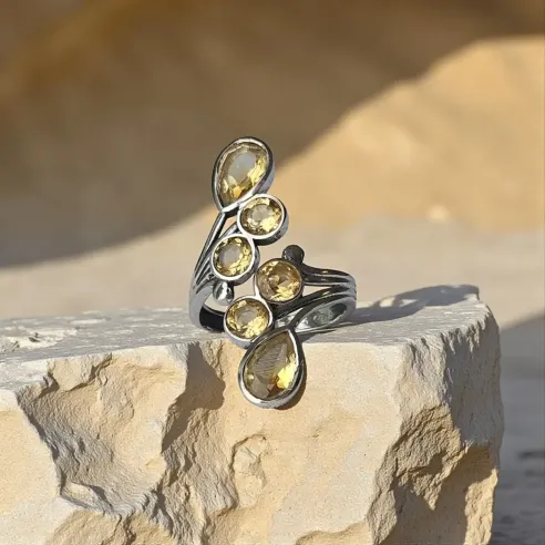Bague Citrine – Argent réglable, 6 pierres solaires