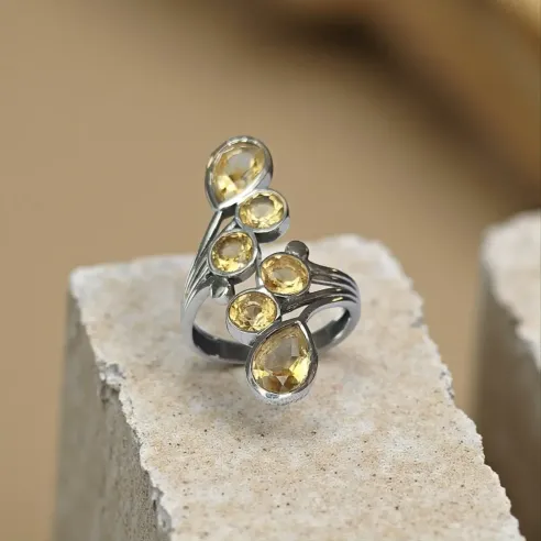 Bague Citrine – Argent réglable, 6 pierres solaires