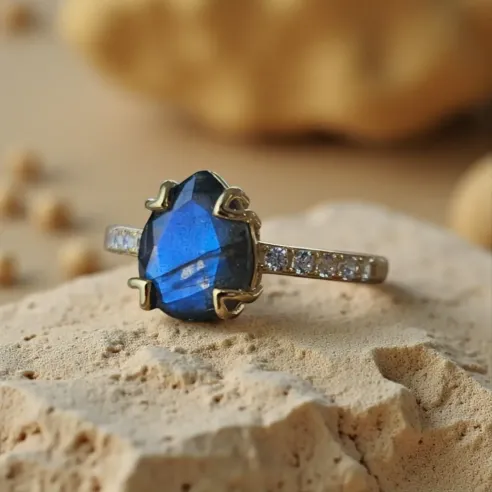 Bague Labradorite Goutte – Argent Doré & Protection Énergétique