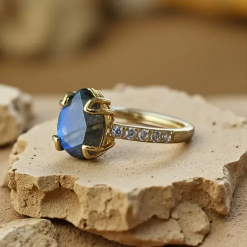 Bague Labradorite Goutte – Argent Doré & Protection Énergétique