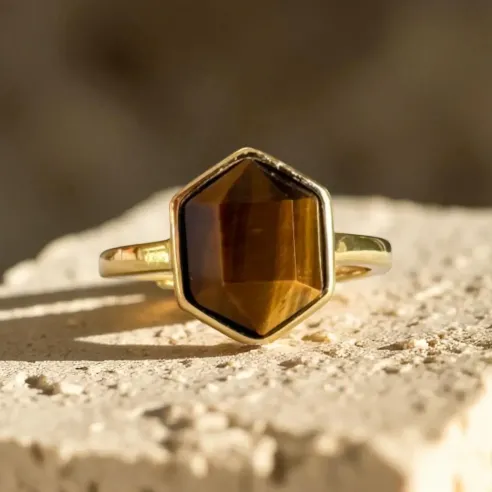 Bague œil de tigre – force & ancrage en plaqué or