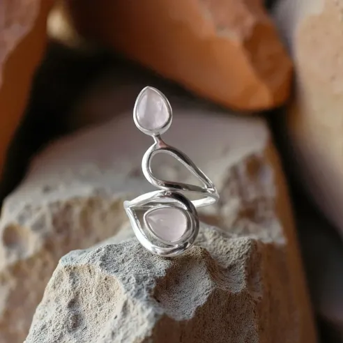Bague Quartz Rose Deux Gouttes – Douceur Émotionnelle & Amour de Soi