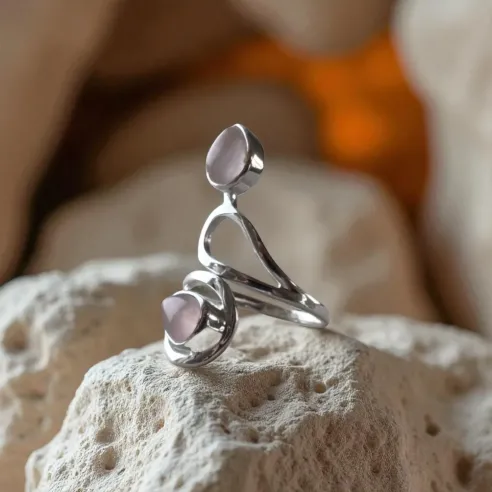Bague Quartz Rose Deux Gouttes – Douceur Émotionnelle & Amour de Soi