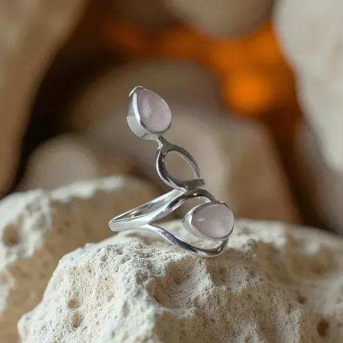 Bague Quartz Rose Deux Gouttes – Douceur Émotionnelle & Amour de Soi