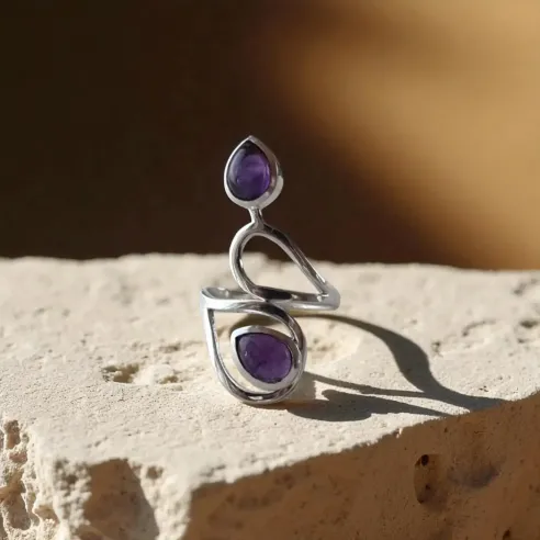 Bague améthyste deux gouttes – protection & clarté