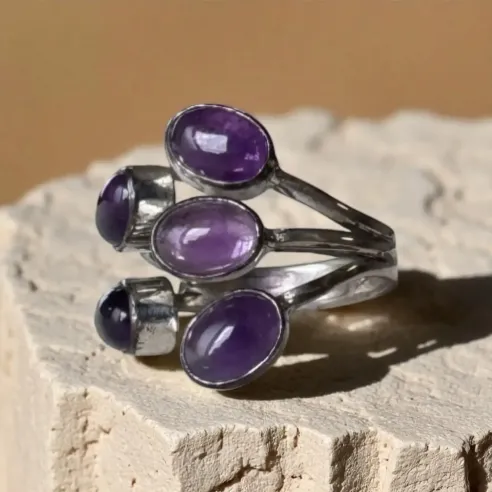 Bague Améthyste 5 Gouttes Réglable – Apaisement & Connexion