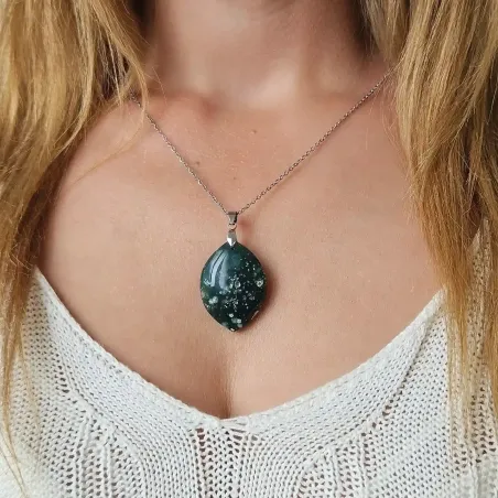 Pendentif Agate mousse marquise – Pierre d’ancrage naturelle et énergie