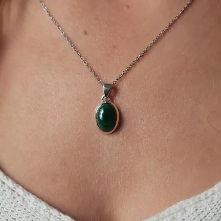 Pendentif malachite ovale argent – Protection et équilibre