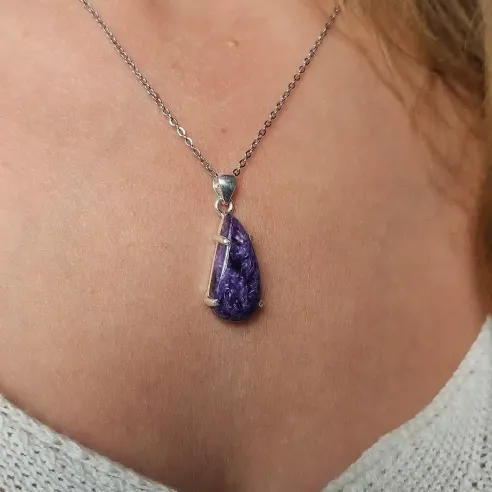 Pendentif Charoïte Griffée Argent - Intuition & paix