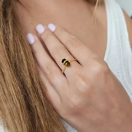 Bague Oeil de Tigre Pointe Dorée Argent 925 - courage force