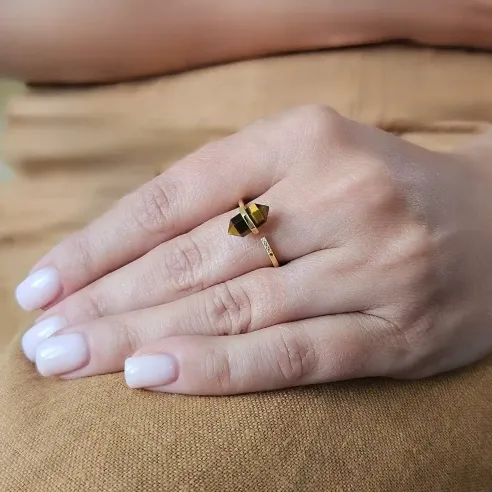 Bague Oeil de Tigre Pointe Dorée Argent 925 - courage force