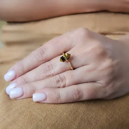 Bague Oeil de Tigre Pointe Dorée Argent 925 - courage force