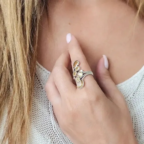 Bague Citrine – Argent réglable, 6 pierres solaires