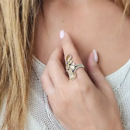 Bague Citrine – Argent réglable, 6 pierres solaires