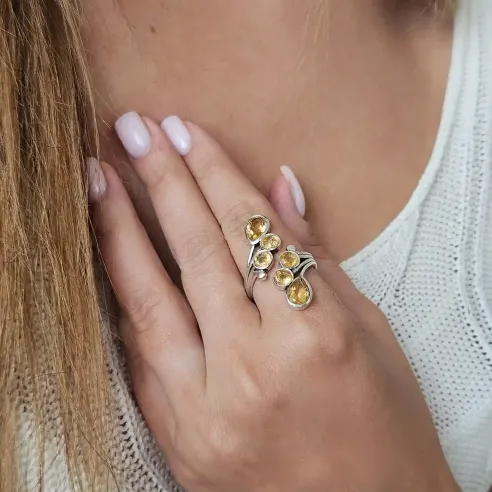 Bague Citrine – Argent réglable, 6 pierres solaires