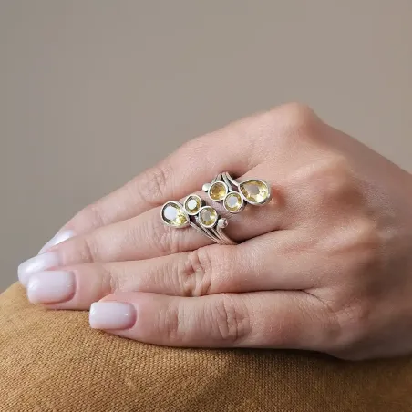 Bague Citrine – Argent réglable, 6 pierres solaires