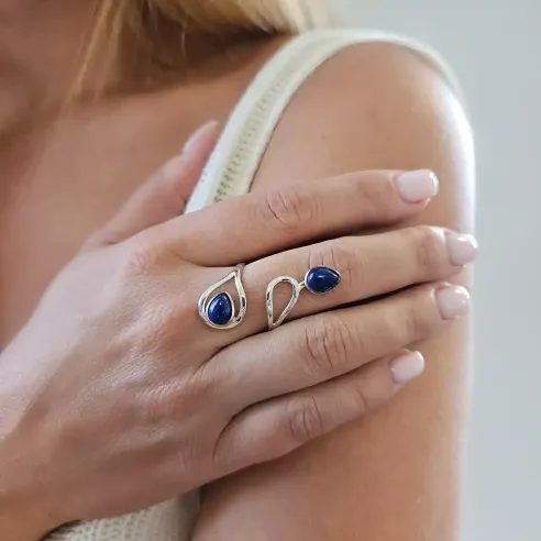 Bague Lapis Lazuli avec Deux Gouttes réglable sur argent