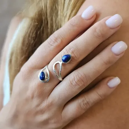 Bague Lapis Lazuli avec Deux Gouttes réglable sur argent