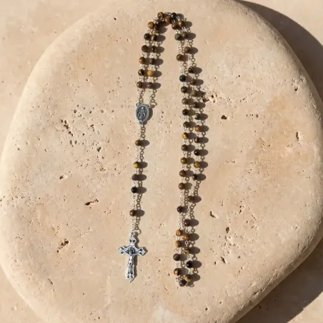 Chapelet en Oeil de tigre - Croix et médaille vierge marie