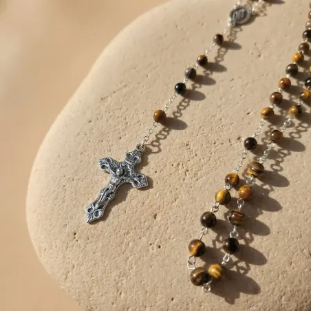 Chapelet en Oeil de tigre - Croix et médaille vierge marie