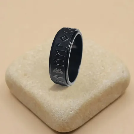Bague Runique noire Rotative – Sagesse et protection nordique