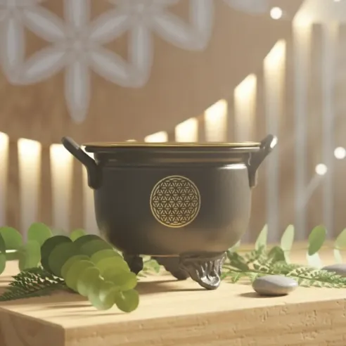 Chaudron Noir et doré fleur de vie avec tamis