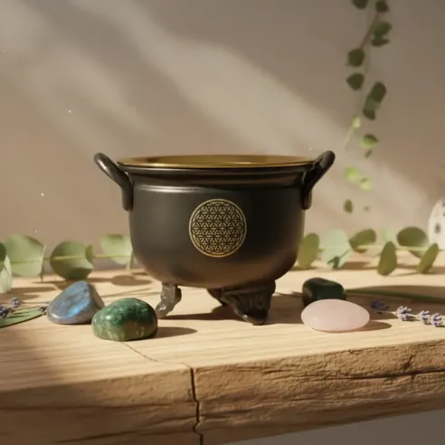 Chaudron Noir et doré fleur de vie avec tamis