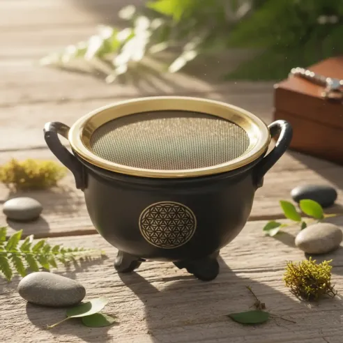 Chaudron Noir et doré fleur de vie avec tamis