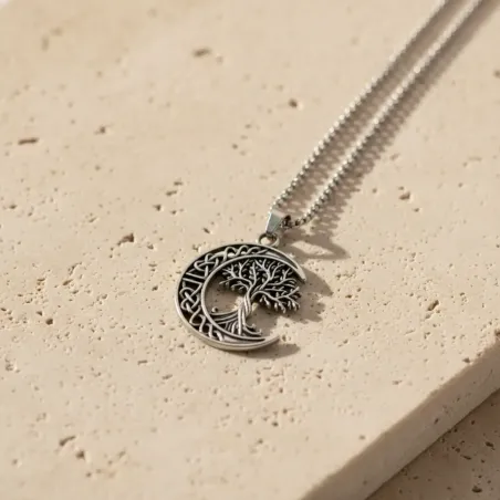 Collier Lune Arbre de Vie Celtique – Acier Inox Argenté