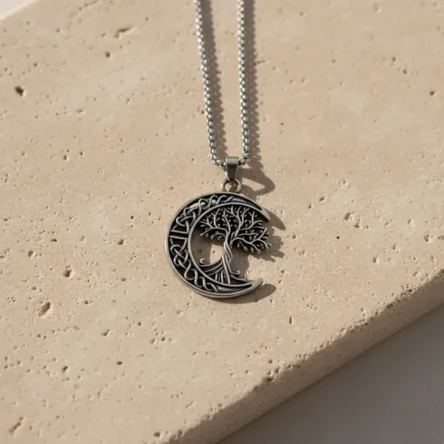 Collier Lune Arbre de Vie Celtique – Acier Inox Argenté