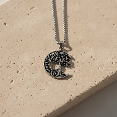 Collier Lune Arbre de Vie Celtique – Acier Inox Argenté