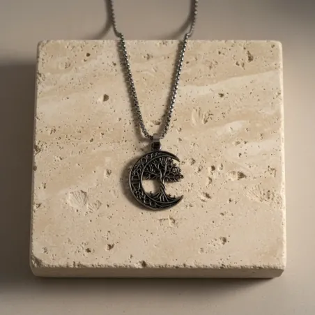 Collier Lune Arbre de Vie Celtique – Acier Inox Argenté