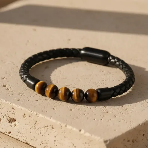 Bracelet cuir et Oeil de Tigre noir– Protection & Confiance