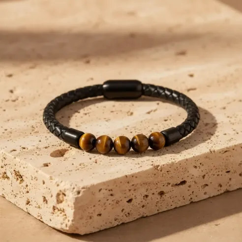 Bracelet cuir et Oeil de Tigre noir– Protection & Confiance
