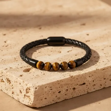 Bracelet cuir et Oeil de Tigre noir– Protection & Confiance
