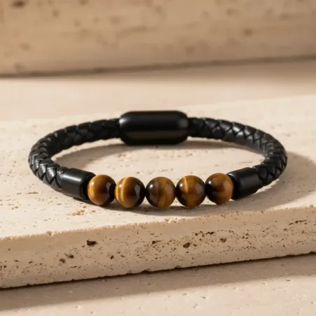 Bracelet cuir et Oeil de Tigre noir– Protection & Confiance
