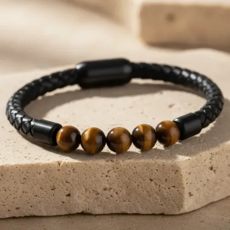 Bracelet cuir et Oeil de Tigre noir– Protection & Confiance