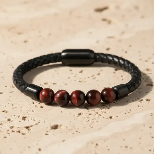 Bracelet Cuir & Œil de Taureau – Protection & Confiance