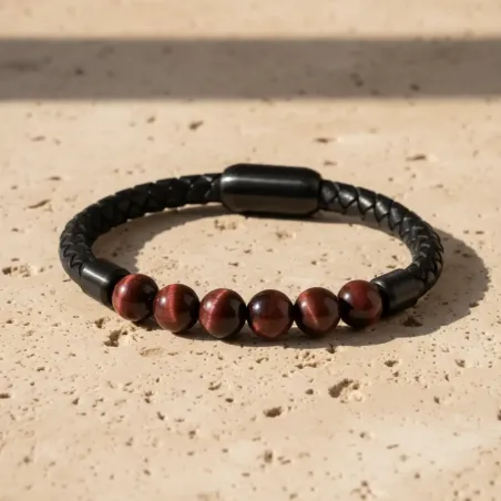 Bracelet Cuir & Œil de Taureau – Protection & Confiance