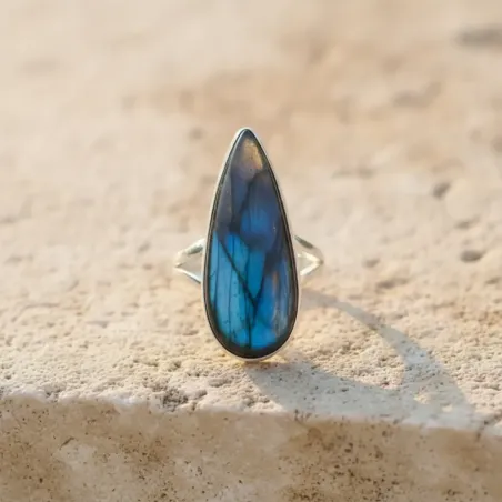 Bague Labradorite Goutte d’Aurore – Pierre allongée argent